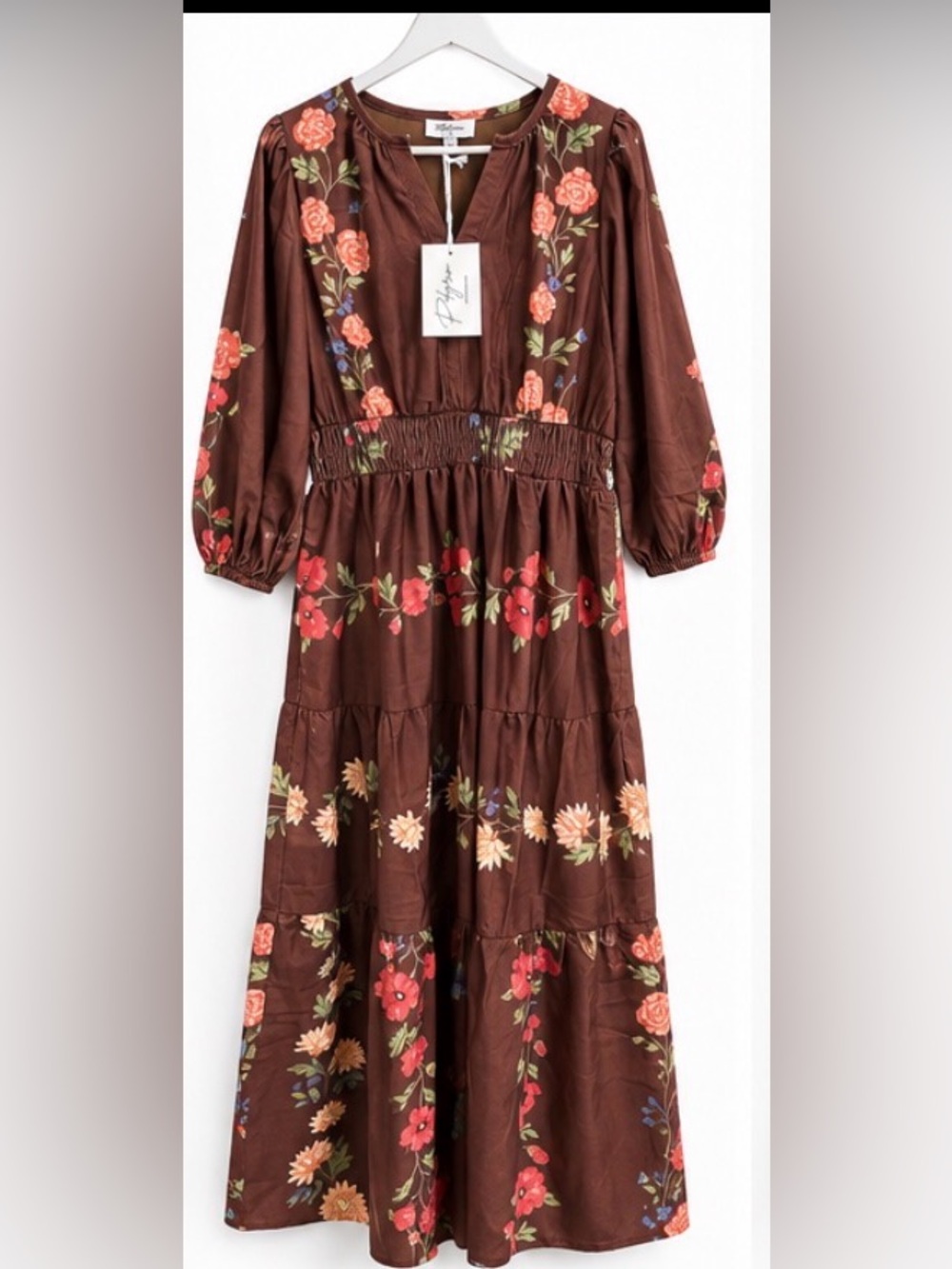 Polagram NWT Brown Floral Smocked Waist Tiered Maxi Dress L Pockets
